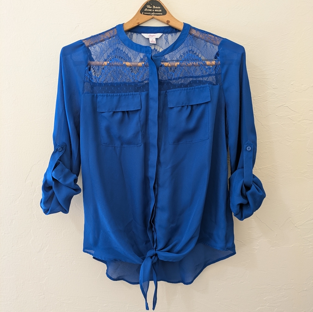 Candies Blue Lace Button-up Tie Front Top Size Small